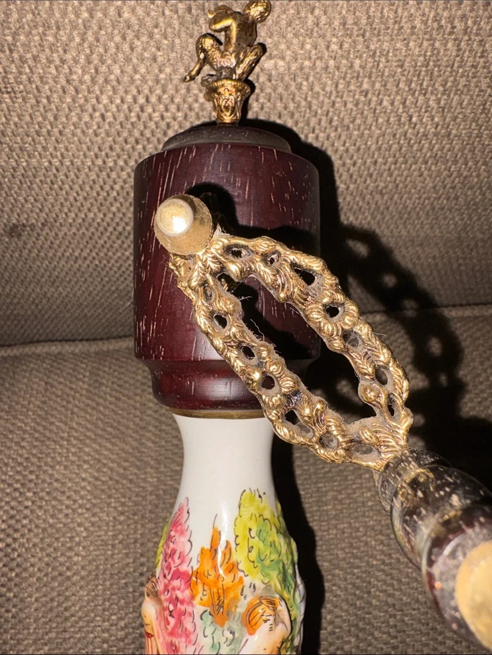 Rare find vintage Capodimonte musical pepper grinder.  Porcelain brass & wood.
